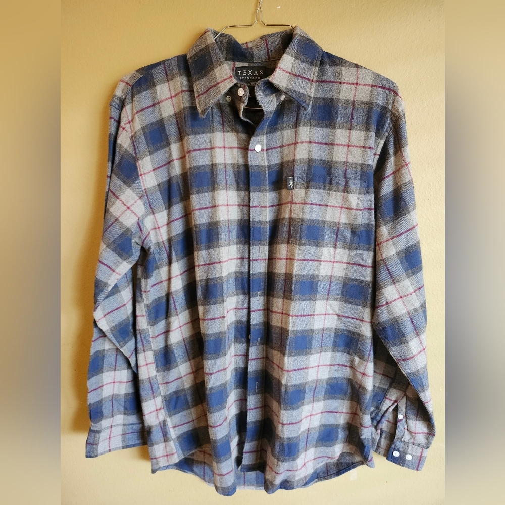 Texas Standard Flannel Mens L Grey Brown Blue Plaid Long Sleeve Button Down